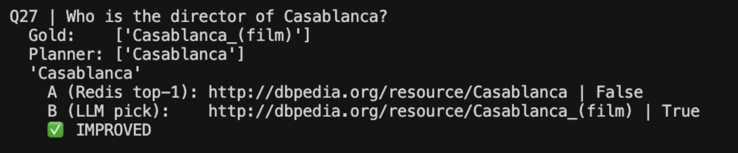 Terminal output showing Casablanca disambiguation — Redis top-1 returns the city, LLM reasoning selects the film