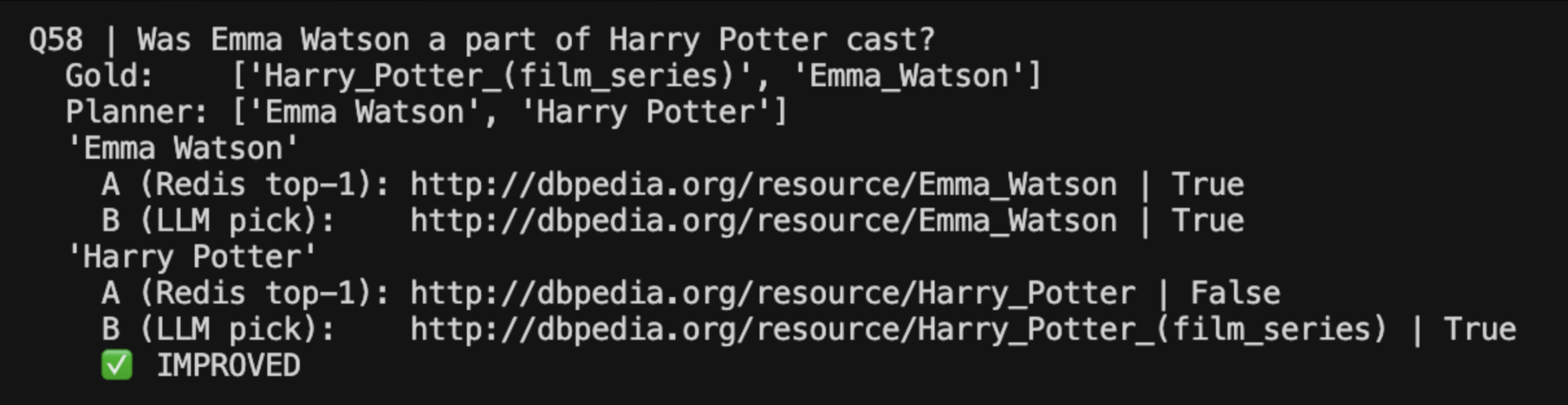 Terminal output showing Harry Potter disambiguation — LLM reasoning selects Harry_Potter_(film_series) over Harry_Potter based on question context