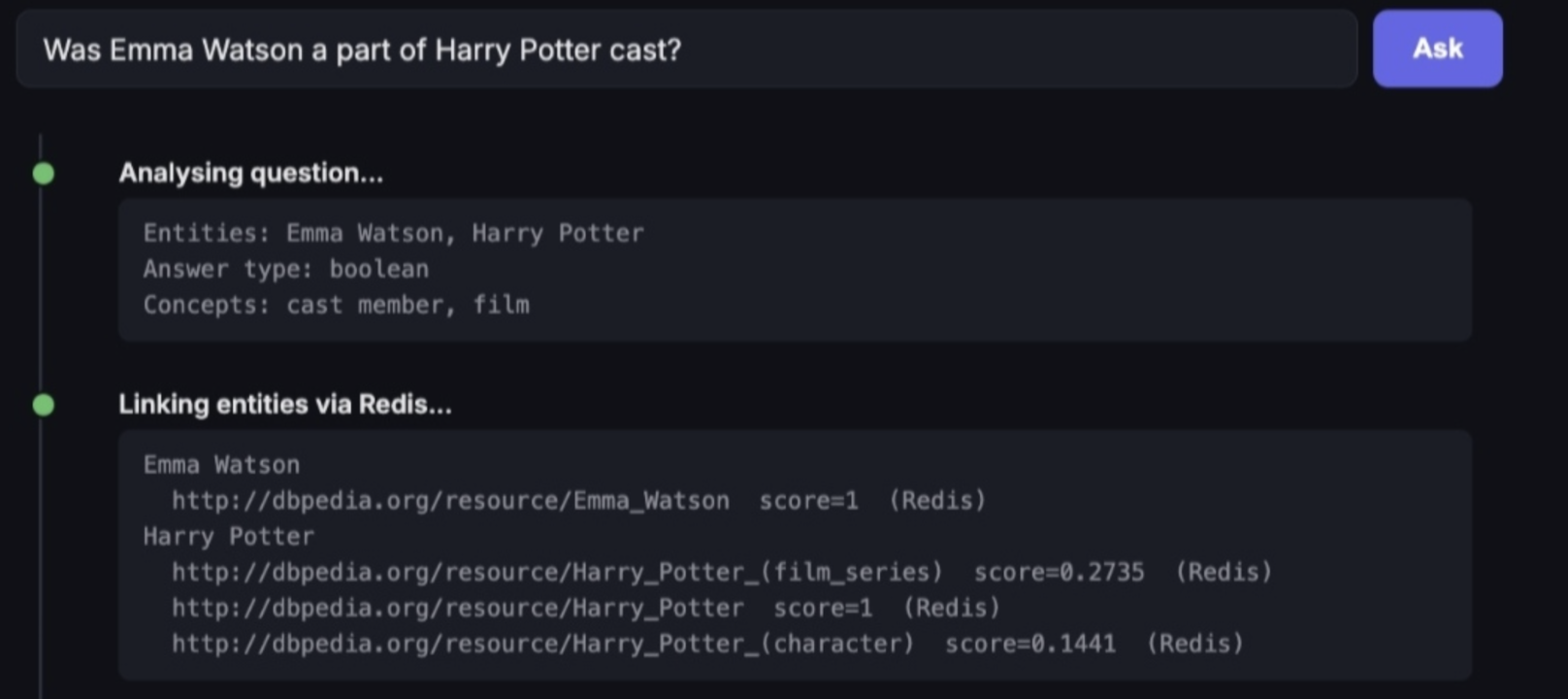 Pipeline UI showing Harry Potter resolving to Harry_Potter_(film_series) based on question context